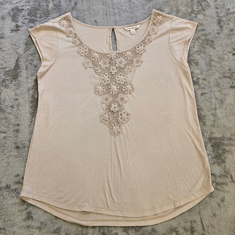 American Eagle Floral Crochet Lace Bib Top Tan Beige Short Sleeve Medium Boho
